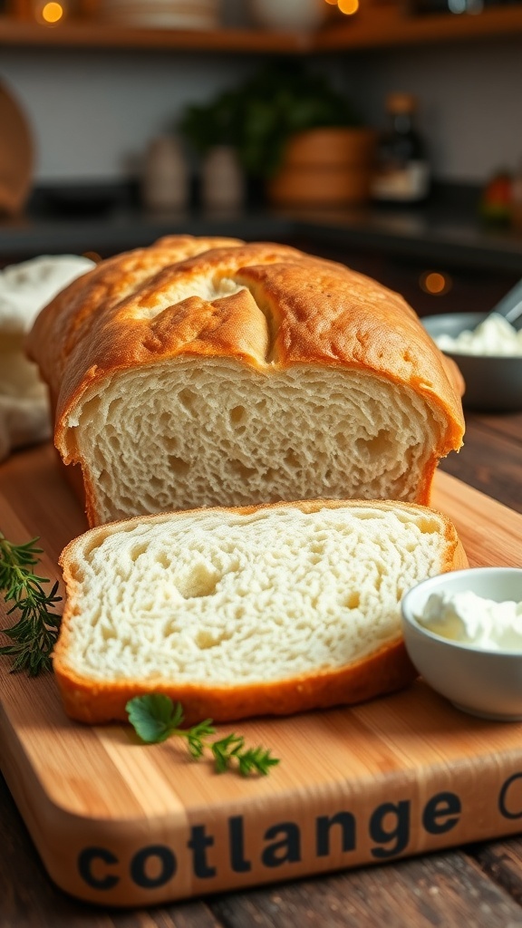 Sliced flourless cottage cheese bread on a cutting board with herbs and cottage cheese in a bowl.